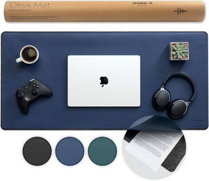 Nordik Felt and Leather Desk Mat Non-Slip - Blue - 35 X 17 Inch - Felt and Vegan Leather Desk Pad - Document Organizers - Desk Blotter and Desktop Mat - Desk Protector Laptop Desk Matt for Desktop