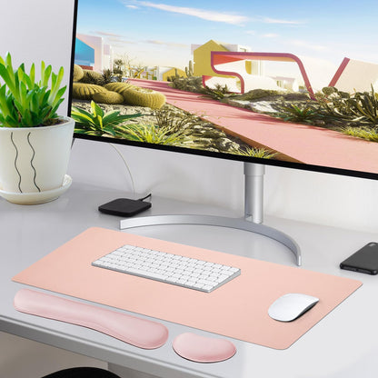 Bloss Large Desk Pad and Keyboard Wrist Rest, Large Mouse Pad + Keyboard Pad+Mouse Wrist Support, Non-Slip Desk Mat Protector for Office, Home (35.4×15.7 Inches,Pink)