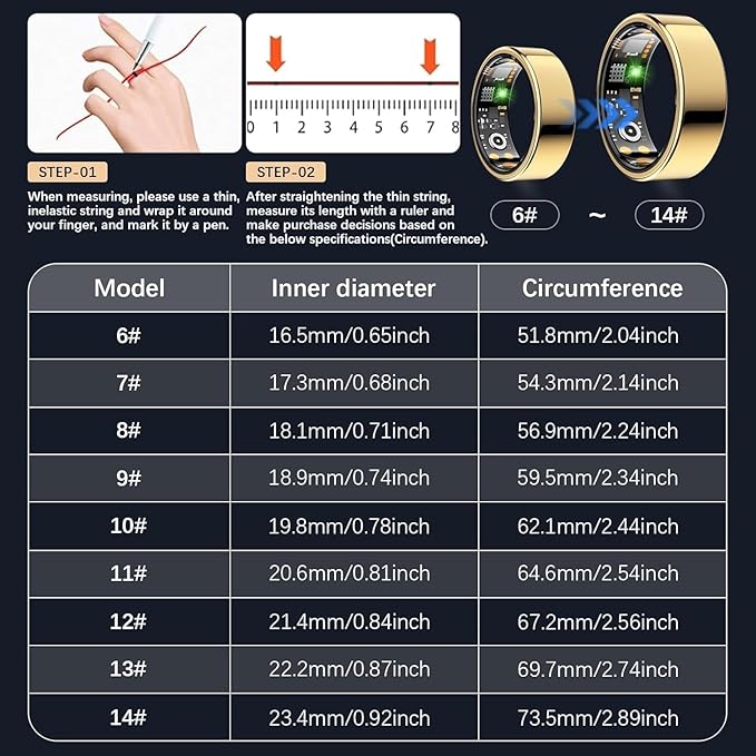 Health Tracker Ring, Smart Health Ring for Women Men with Heart Rate, Blood Oxygen, Sleep Monitor, Steps,Calories, No Subscription Fee, IP68 Waterproof Smart Ring for iPhone & Android (Gold, 9#)