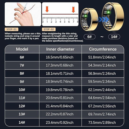 Health Tracker Ring, Smart Health Ring for Women Men with Heart Rate, Blood Oxygen, Sleep Monitor, Steps,Calories, No Subscription Fee, IP68 Waterproof Smart Ring for iPhone & Android (Gold, 9#)