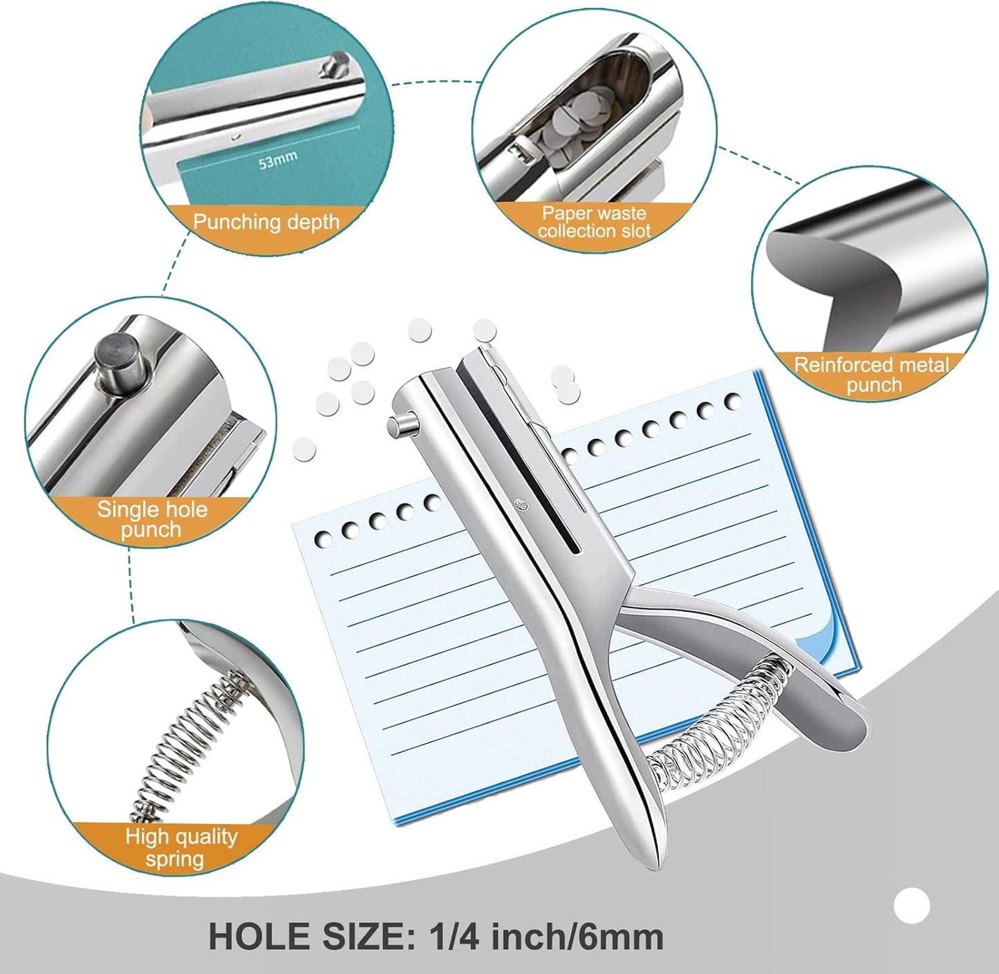 Single Hole Punch 2 Inch Reach Deep Throat Heavy Duty Tab Zinc Alloy Silver Long 1/4 Inch Hand Held Leather Punch for Scrapbook Paper ID Card PVC Badge Photos