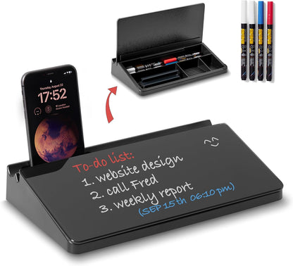 Glass Desktop Whiteboard with Storage 12"x6.5", Black Glass Desk Dry Erase Board Writing Board w. 4 Liquid Chalk Markers,1 Eraser Monitor Memo Board, Home Office Essentials