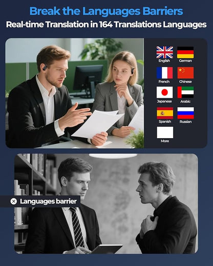 AI Translation Earbuds Real Time, 164 Language Translator Earbuds, 96H Playtime Translation Headphones, Noise Canceling, Audifonos Traductores Inglés Español for Business Meeting Travel Learning