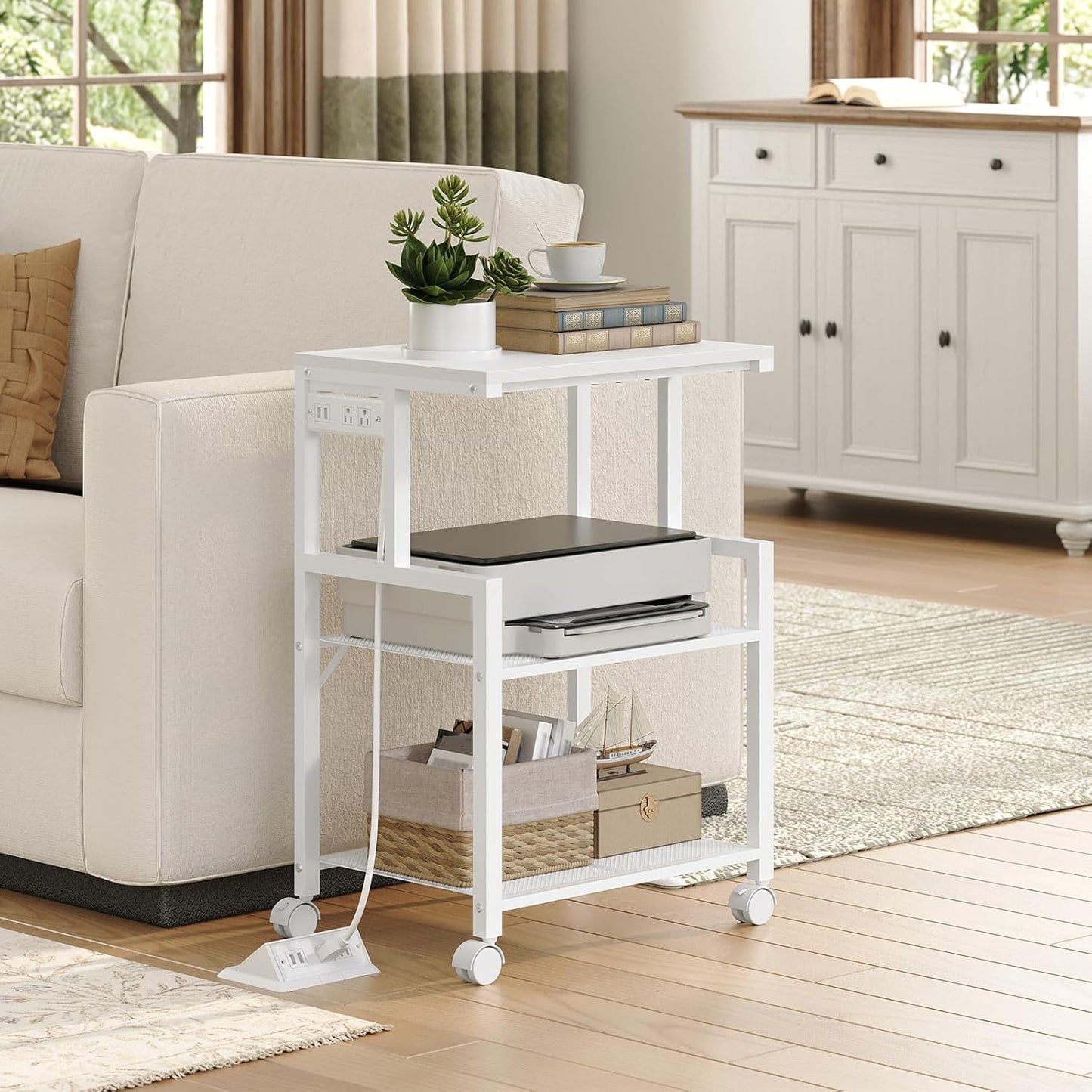 Mobile Printer Stand, 3-Tier Industrial Printer Cart with 2 AC Outlets and 2 USB Ports, Rolling Printer Table on Wheels for Home Offices Kitchen Organization Rack, White PTWT78E01