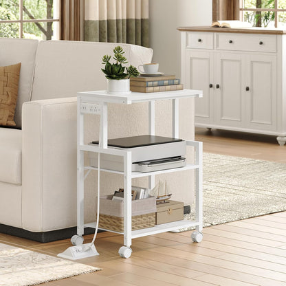 Mobile Printer Stand, 3-Tier Industrial Printer Cart with 2 AC Outlets and 2 USB Ports, Rolling Printer Table on Wheels for Home Offices Kitchen Organization Rack, White PTWT78E01