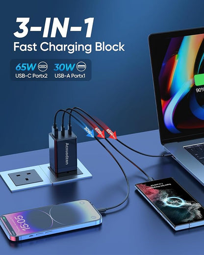 [2 Pack] USB C Charger Block 160W, 3-Port GaN Super Fast Charger, Dual 65W Type C Charging Block, Foldable QC3.0 Laptop Fast Charging Adapter for MacBook, iPhone, Samsung, Galaxy, iPad, Android, Black