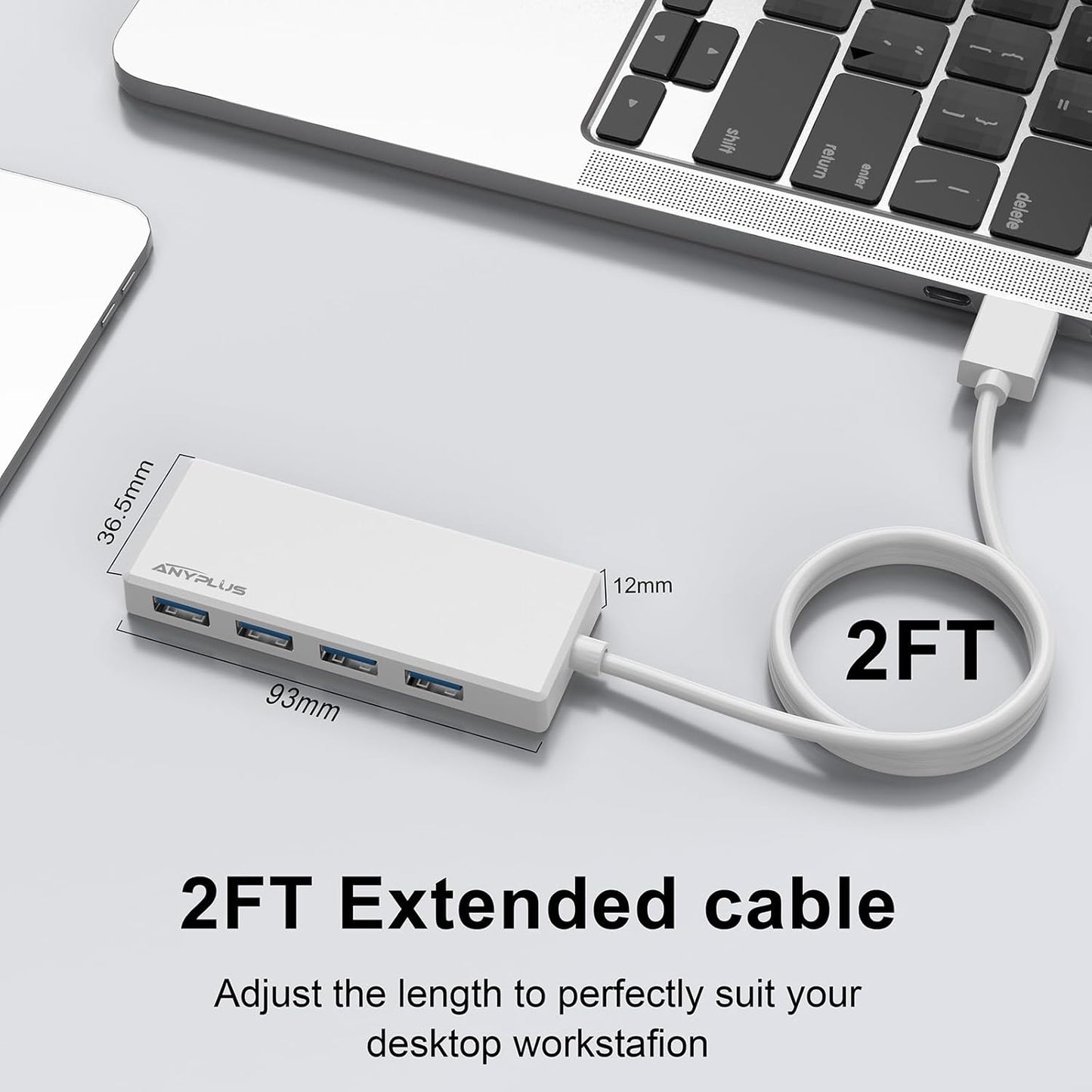 USB Hub, Multiport USB Splitter Adapter, 2 ft Long Cable USB 3.0 Hub, USB Extender for Laptop, PC, iMac, Surface Pro, MacBook, Mac Pro, Flash Drive, XPS, Mouse, HDD【White】