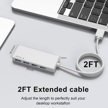 USB Hub, Multiport USB Splitter Adapter, 2 ft Long Cable USB 3.0 Hub, USB Extender for Laptop, PC, iMac, Surface Pro, MacBook, Mac Pro, Flash Drive, XPS, Mouse, HDD【White】