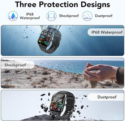 Smart Watch for Men Women, 1.85" HD Fitness Tracker with Bluetooth Calls/AI Voice Control, IP68 Waterproof, 115+Sports Modes, 24/7 Heart Rate/Sleep Fitness Watch Compatible with iOS/Android, Black