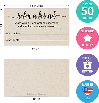 321Done Refer a Friend Card, Made in USA - 3.5x2 Kraft Tan, Customer Referral Discount Cards, Reward for Small Business Referrals Salon Spa - Pack of 50