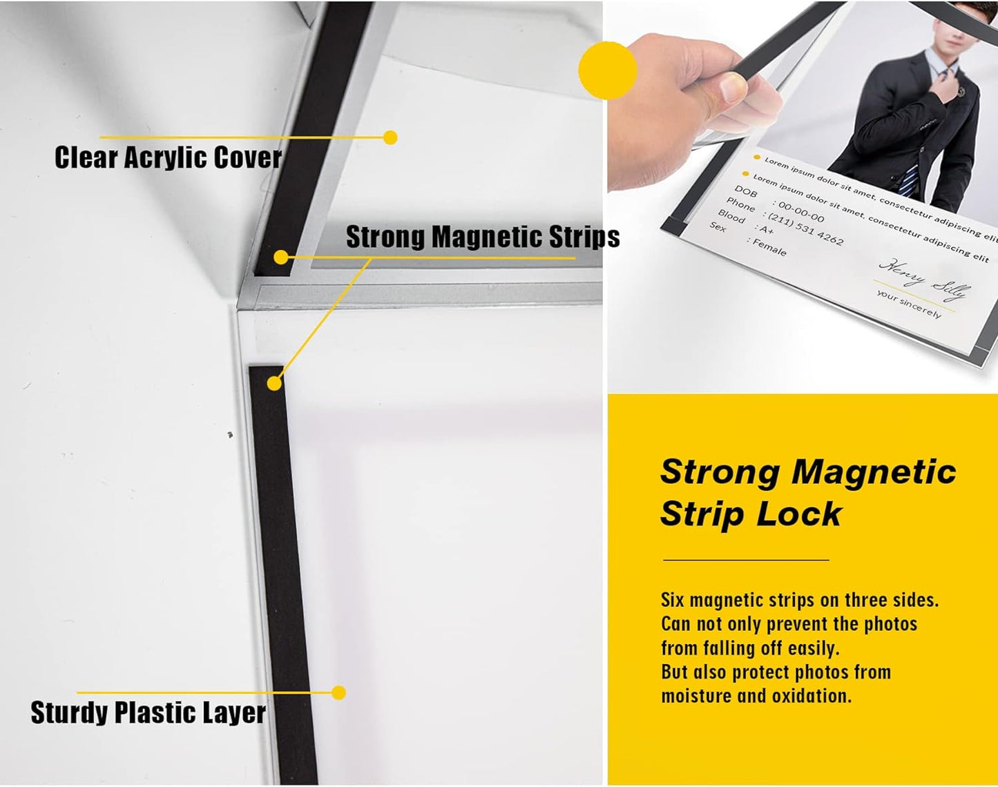 Acrylic Magnetic Sign Holder, Easy-Opening 8.5 x 11 Wall Mount Display Frames, Self Adhesive Back Plastic Clear Document Frame, Horizontal & Vertical Display (Silver, 12Pack)