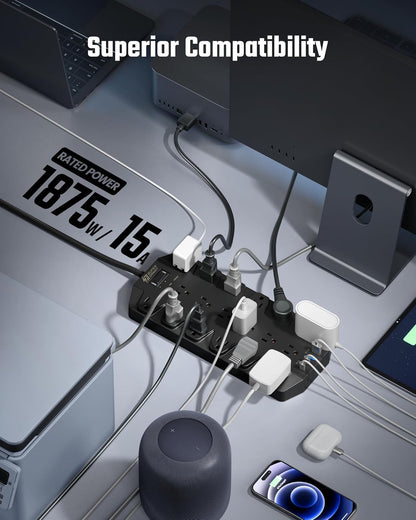 18 Widely Outlets Power Strip, SUPERDANNY Surge Protector with 4 USB Ports, 15FT Flat Plug Heavy Duty Extension Cord, 2100J, 1875W/15A, Wall Mount Holes for Home, Office, Dorm, Black