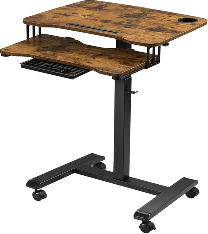 ETHU Mobile Standing Desk with Keyboard Tray,Computer Workstation, Height Adjustable Laptop cart on Wheels Rolling Desk for Home Office(Walnut)