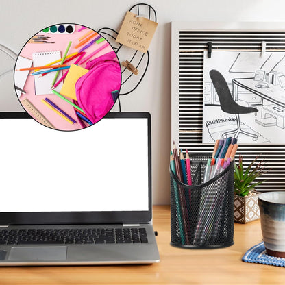 2 Pack Pen Holder Mesh Round Pencil Holder Desktop Organizer 3 Compartments, Black