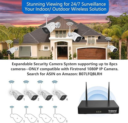 Wireless Security Camera System, 1080P firstrend 8CH with 4 pcs 2MP Cameras Full HD 1TB HDD 24/7 Recording Surveillance Night Vision Motion Alert APP CCTV Surveillance H.265 with AI Human Detection
