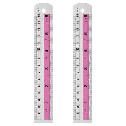 HARFINGTON 2pcs Metal Straight Ruler 15cm Metric SAE Aluminum Alloy Measuring Rulers Scale Tools with Hole for Measure Study Reading Classroom Office, Pink