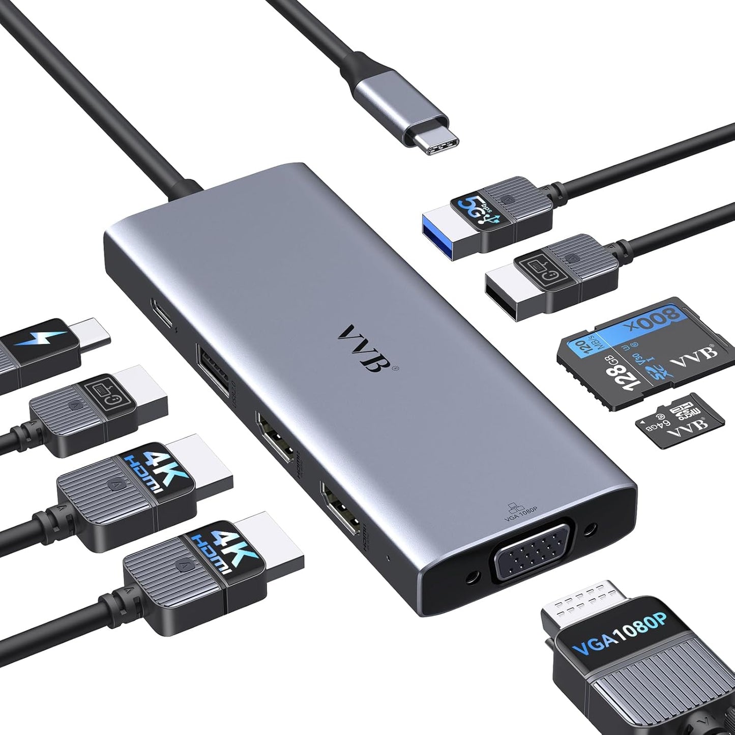 USB C Docking Station Dual Monitor HDMI Adapter for Dell HP Lenovo,Laptop Docking Station 3 Monitors USB C Hub Multiple Adapter Dongle with 2 HDMI 4K+VGA+100W PD Charger+3 USB Port+SD/TF Card Reader