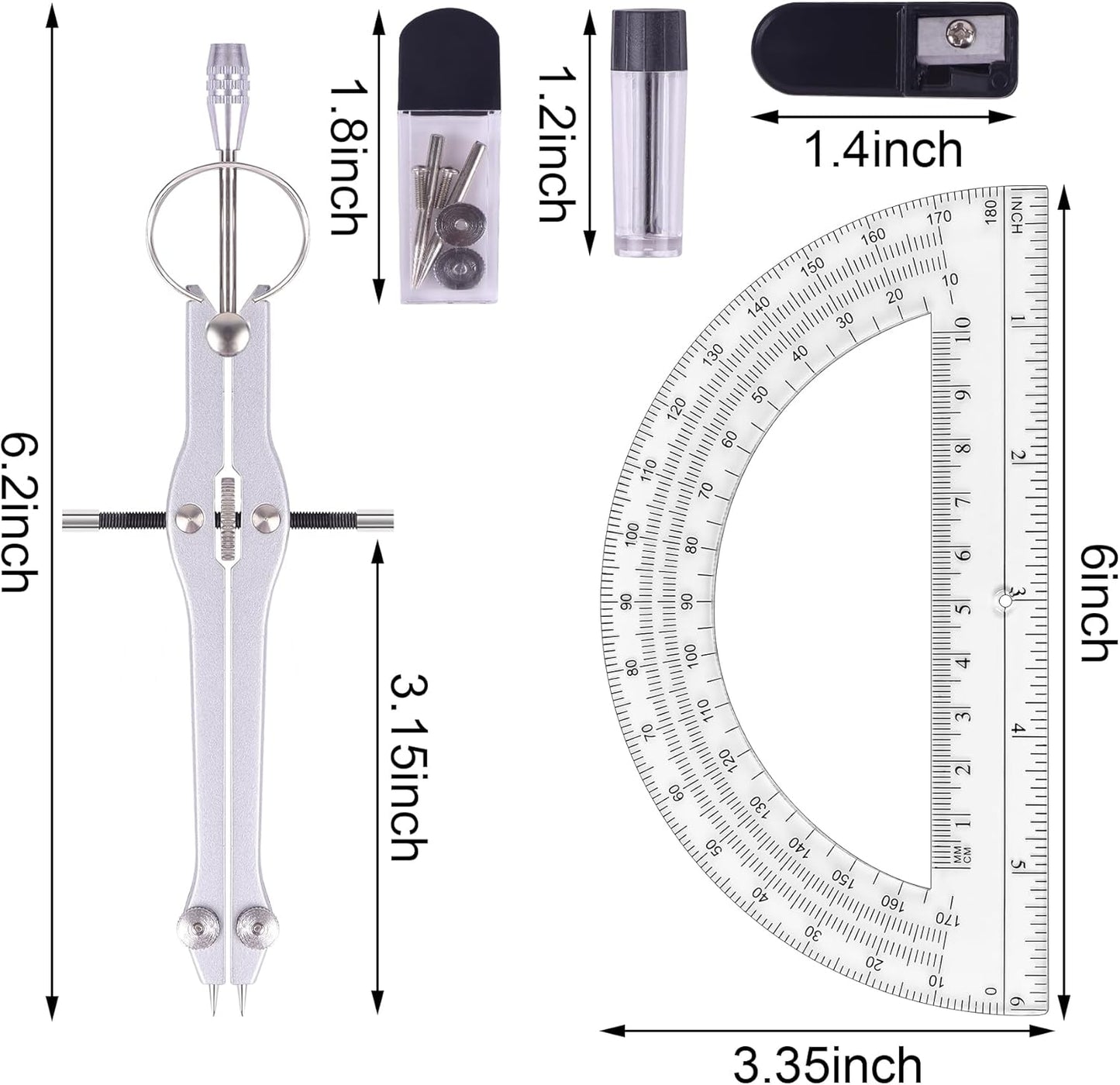 Compass and Protractor Set, Professional Drawing Compass Tool, Metal Compass with Extra Refills, Compass for Geometry and 6 Inch Math Protractors 180 Degree (Pink)