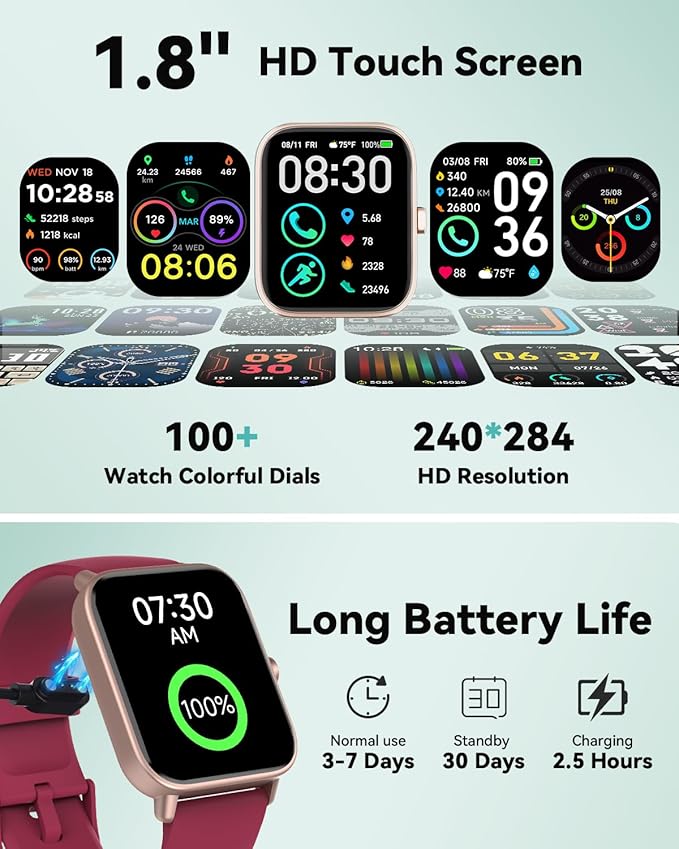 Smart Watches for Women/Men, Smart Watch for Android Phones and iPhone Compatible, Alexa Built-in, 1.8" Fitness Watches for Women, IP68 Waterproof/Bluetooth Call, Heart Rate/Sleep Monitor, Red