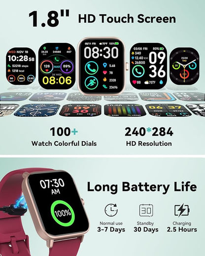 Smart Watches for Women/Men, Smart Watch for Android Phones and iPhone Compatible, Alexa Built-in, 1.8" Fitness Watches for Women, IP68 Waterproof/Bluetooth Call, Heart Rate/Sleep Monitor, Red