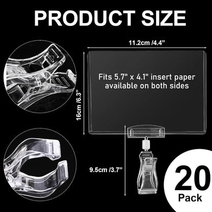 Epakh 20 Pieces Sign Clips Rotating Price Tag Clip Swivel Sign Holder for Handrails or Tubes with 20 Pieces Hard Card Sleeves PVC Card Protector for Shelves Store Supermarket(Sector Style)
