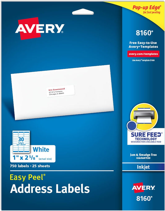 Avery Easy Peel Printable Address Labels with Sure Feed, 1" x 2-5/8" Customizable Stickers, White, 750 Blank Mailing Labels, Great for Mailing, Shipping, and More (8160)