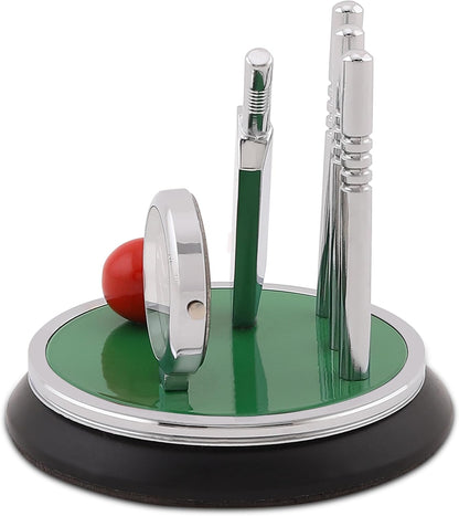 Metal Cricket Kit Style Table Clock, Silver Finish Clock with Bat, Ball & Stumps, Battery Operated Desk Showpiece, Paperweight for Office, Home Decor, Gift for Cricket Lovers