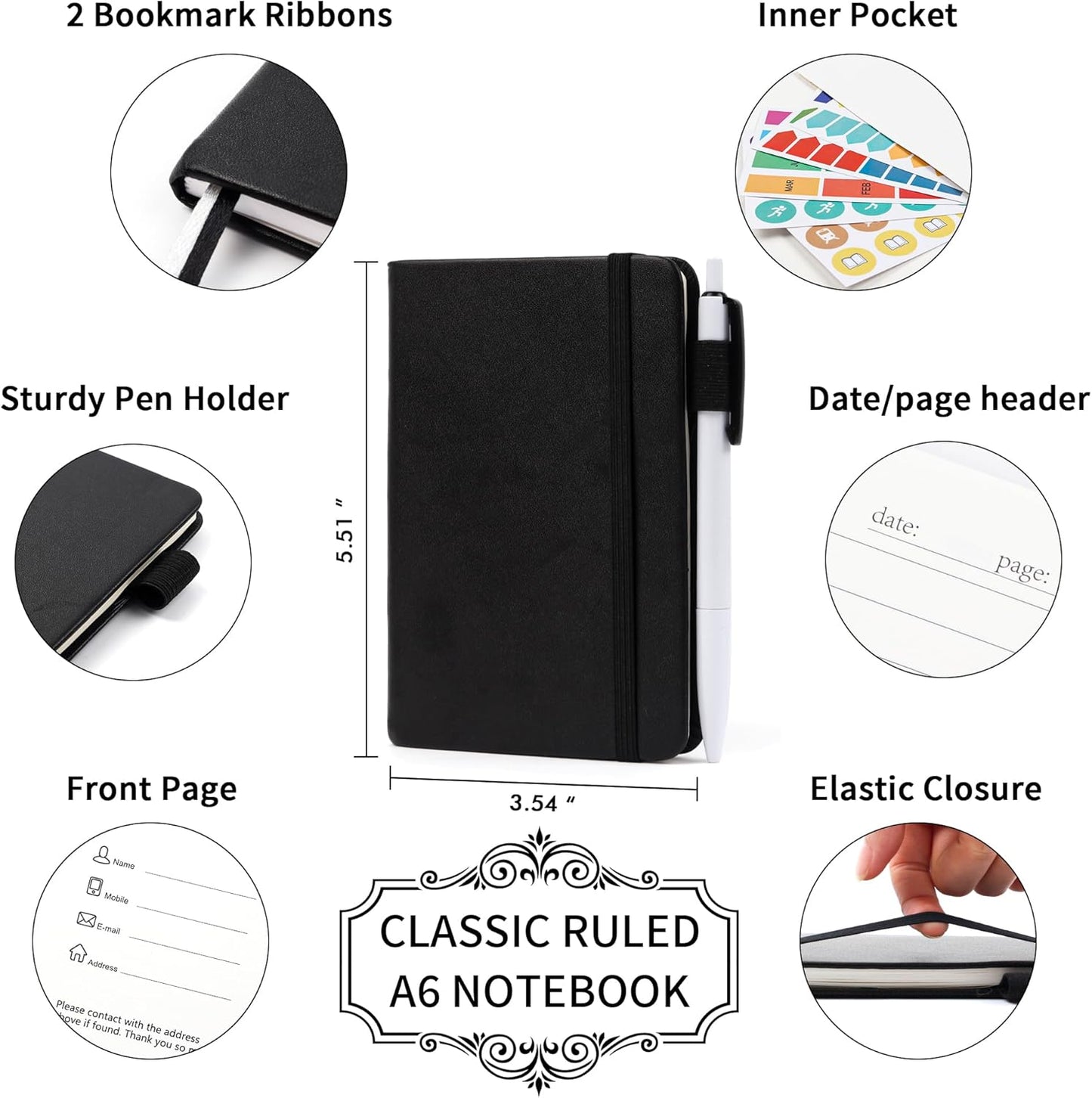 feela 15 Pack Pocket Small Notebooks Bulk, Mini Cute Notepads Hardcover College Ruled Lined Journals with Pen Holder for School Business, with 15 Black Pens, 3.5”x 5.5”, A6, Black Navy Dark Green