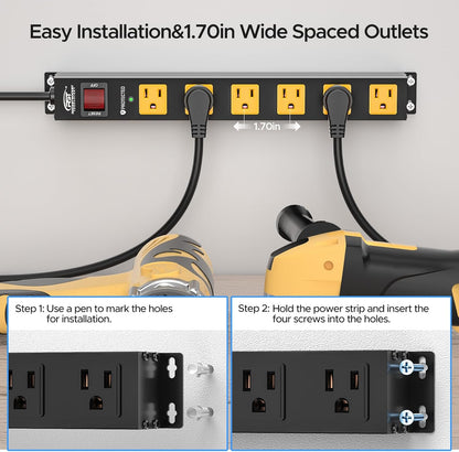 CRST 2Pack 6 Outlet Surge Protector Power Strip 2100J with Switch, 15A/1875W Heavy Duty Mountable Power Strip, Wide Spaced Power Bar for Garage Worshop Home School, 6 FT Cord（ Black+Yellow）
