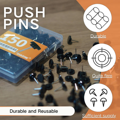 150 PCS Black Flat Push Pins for Wall Thumb Tacks for Walls Flat thumbtacks Push pin for Bulletin Board Shadow Box Display Thumbtack for Cork Board