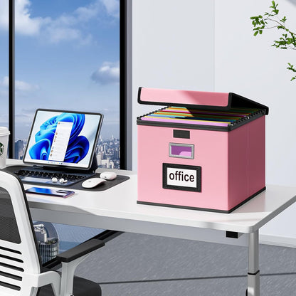 Huolewa Portable Leather File Organizer Storage Boxes, Collapsible File Folder Organizer Boxes with Lids, Document Organizer, Decorative Filing Box Cabinet for Letter/Legal File Folder Storage