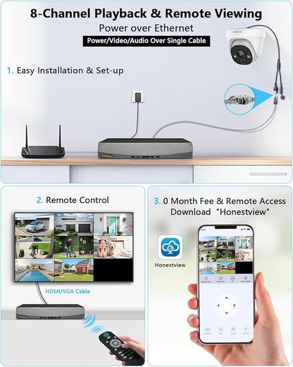 OOSSXX (4K HD & 130° Ultra Wide-Angle 2-Way Audio 8MP Wired Dome, 8Pcs PoE IP Cameras for Home Security Outdoor Camera System, Pet Surveillance Video Indoor, Smart PIR Detection, DVR Kits