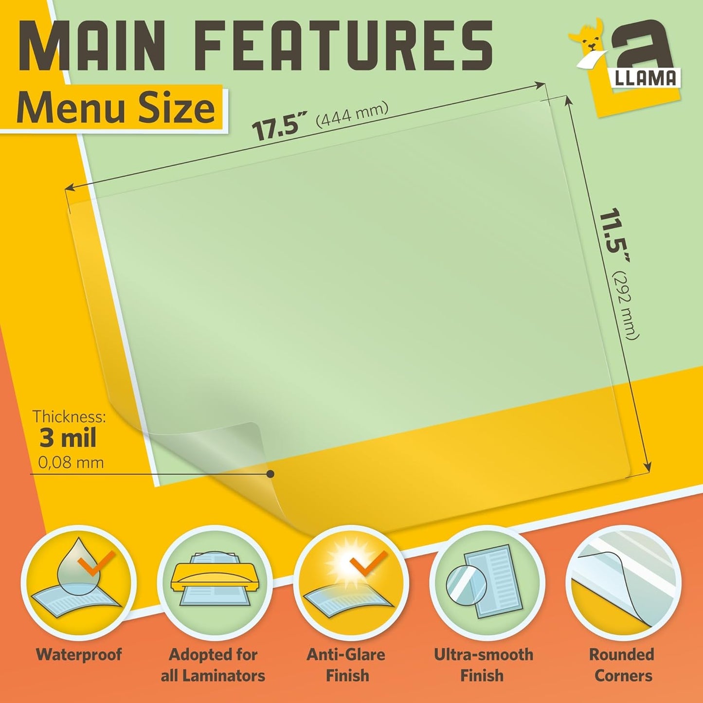 Matte Thermal Laminating Pouches, 11.5 x 17.5 Inches, Matte Finish, 3 Mil Thick, 50 Pack, Suited for Menu Size Laminating Sheets 11 x 17