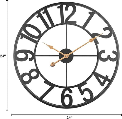 BEW 24 Inch Metal Clock, Large Cut-Out Farmhouse Decorative Wall Clock Battery Operated, Silent Non-Ticking Indoor Outdoor Iron Wall Clock for Living Room, Patio