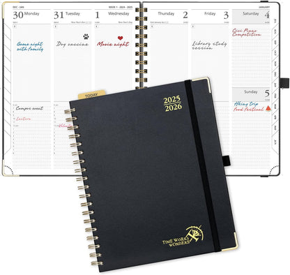 POPRUN Academic Planner 2025-2026 (July 2025-June 2026), Daily Weekly and Monthly Appointment Book (Wirebound Hard Cover - 10'' x 8'') with Hourly Time Slots, Tabs, 100 GSM - Black