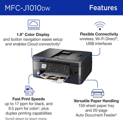 Brother MFC-J1010DW Wireless Color Inkjet All-in-One Printer, Duplex Printing, Mobile & Cloud Print, Compact Design, 1.8" Color Display, Works with Alexa