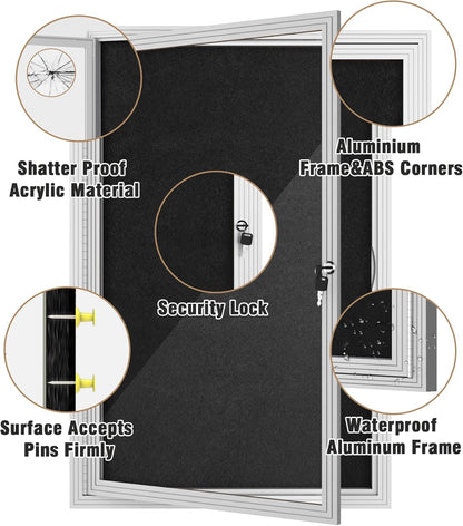 36"x24" Enclosed Bulletin Board, Outdoor Lockable Weather-Resistant Aluminum Cork Noticeboard for School & Office, Silver Frame w/Black Flet