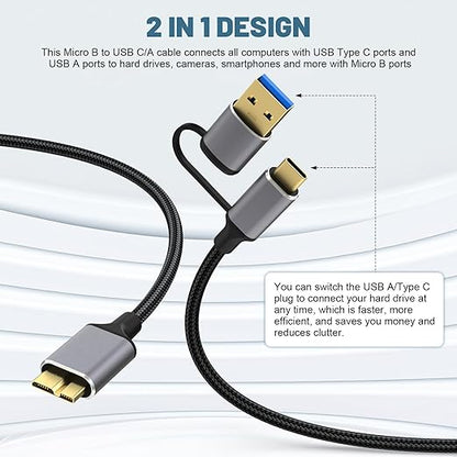 USB A/Type C to USB Micro B Data Transfer Cable Compatible with Nikon D500 D800 D810 D850, Canon EOS 5D Mark IV, 5DS R Camera, Galaxy S5, Note 3, Seagate, WD, Toshiba External Hard Drive, 5ft