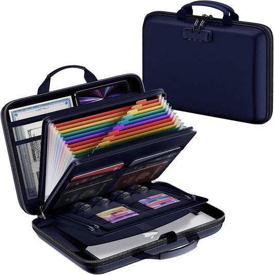 Fireproof Document Box, Hard Case Fireproof File Organizer Box with Lock and 13 Pocket Accordion File Folder, Portable Safe Box for Home Office Travel to Storage Important Documents Laptop Blue