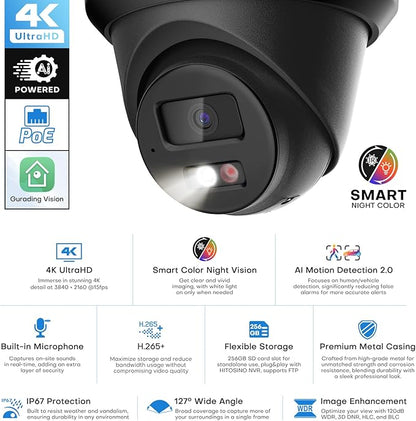 4K IP PoE Camera Outdoor, 8MP PoE Camera Black with Mic/Audio, 98ft IR/Color Night Vision, Human & Vehicle Detection, 127° FOV, MicroSD (256GB)
