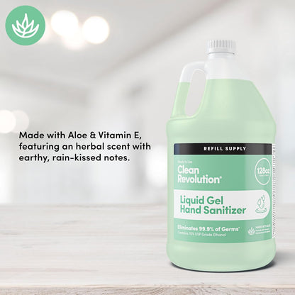 Clean Revolution Liquid Gel Hand Sanitizer, 128 Fl. Oz Refill Supply Container| Eliminates 99.9% of Germs | Gentle & Aloe Enriched | 70% USP Medical Grade Ethanol, Medical Facility Compliant