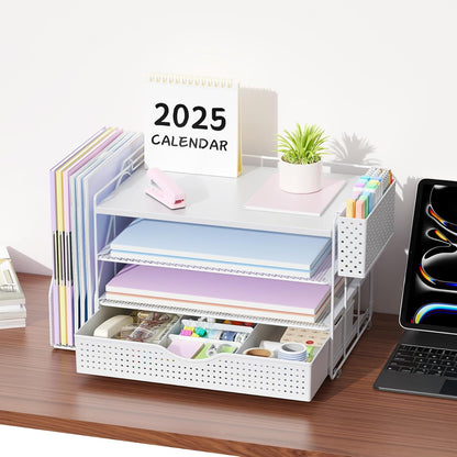 Wood Desk Organizers and Accessories with File Holder, 4-Tier Desk Accessories & Workspace Organizers with Drawer and Pen Holder, Paper Organizer for Office Supplies (White)