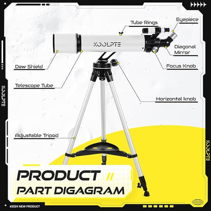 Telescope, 90mm Aperture 700mm with Vertisteel AZ Mounting Slow-Motion Mount, High Power for Astronomy Enthusiasts, Easy for Kids, with Carry Bag, Wireless Remote Control, Phone Adapter,White