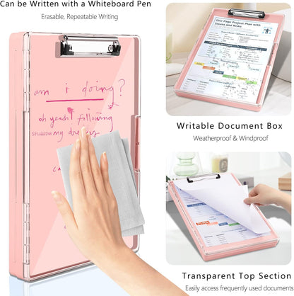 Clipboard with Storage,Heavy Duty Clip Boards 8.5x11 with 2 Storage Case,Clear Visible Top Panel Storage Clipboards,Side Opening Clip Boards,Nursing Clipboard Folder Case for Office Supplies-Pale Pink