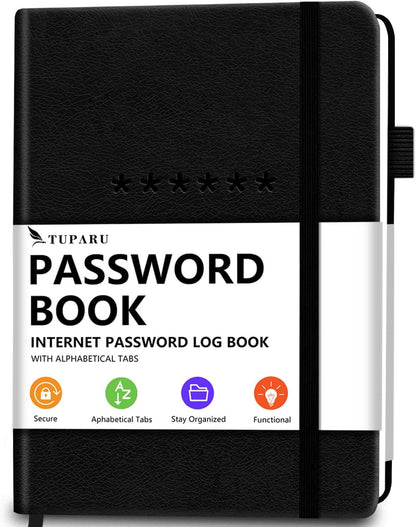 Password Book with Alphabetical Tabs – Hardcover Internet Address & Password Organizer – Password Keeper Notebook for Computer & Website – 7 x 10" Log-in Password Journal w/Thick Paper (Black)