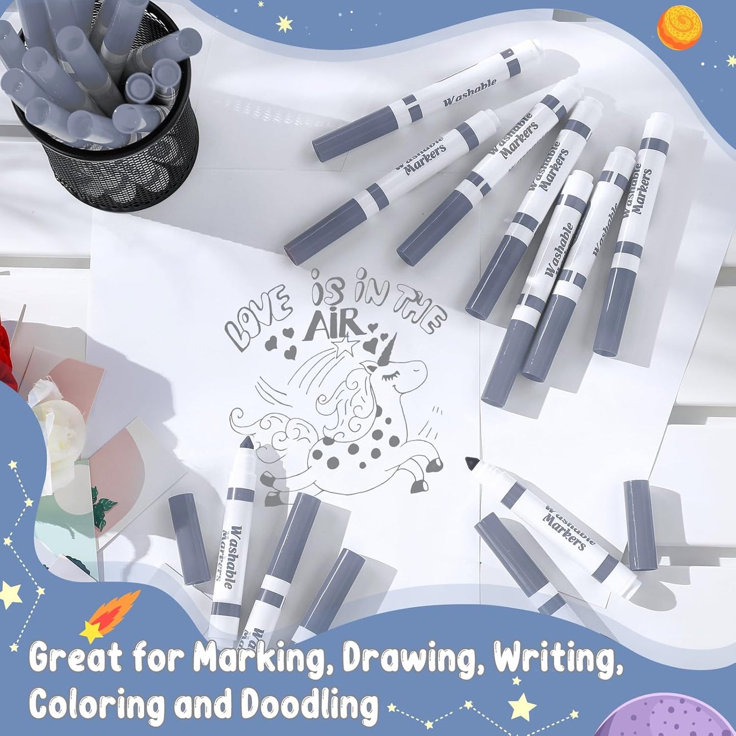 Janlaugh 60 Pcs Gray Washable Markers Bulk Coloring Broad Line Markers for Kids Conical Tip Gray Drawing Pens for Classroom Back to School Travel Art Baby Shower Gender Reveal Supplies, Ages 6+