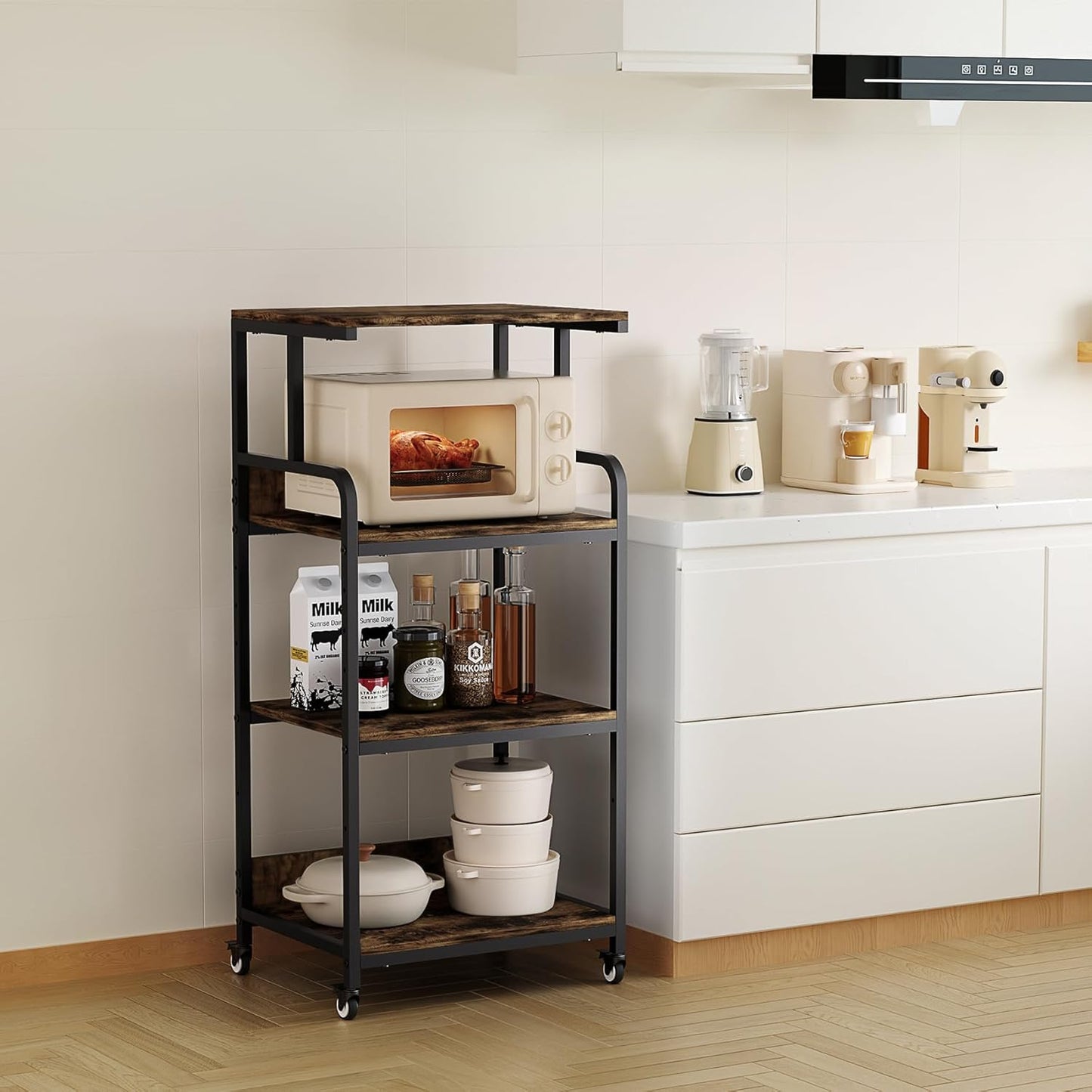 4 Tier Printer Stand with Storage Shelf, Large Tall Printer Table for Home Office, Movable Printer Cart with Industrial Wheels for Paper Shredder Scanner Fax Heat Press Small Space (Rustic Brown)