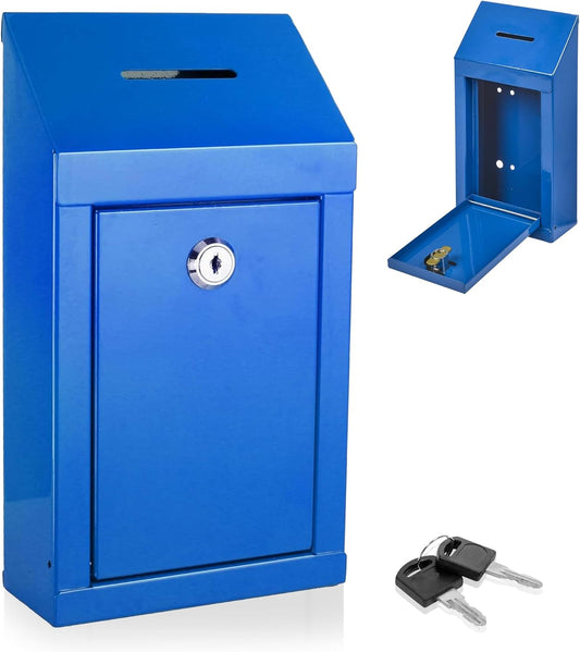 Metal Donation Box-Suggestion Box with Slot and lock-Cash Lock box for Money-Secure Drop Box-Comment and ballot voting box-comes with pre-drilled holes for easy wall mounting 10 X 6 X 2.5"(Blue)