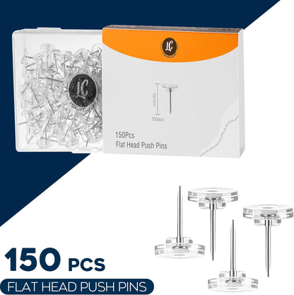 150 Pack Clear Push Pins Tacks by Luxurecourt, Flat Head Thumbtacks for Bulletin Board, Wall Hanging, Cork Board, Shadow Box, Heavy Duty Plastic Head with Steel Point in Reusable Storage Box.