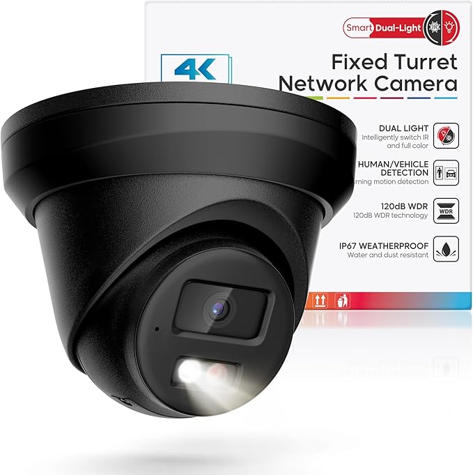 4K IP PoE Camera Outdoor, 8MP PoE Camera Black with Mic/Audio, 98ft IR/Color Night Vision, Human & Vehicle Detection, 127° FOV, MicroSD (256GB)